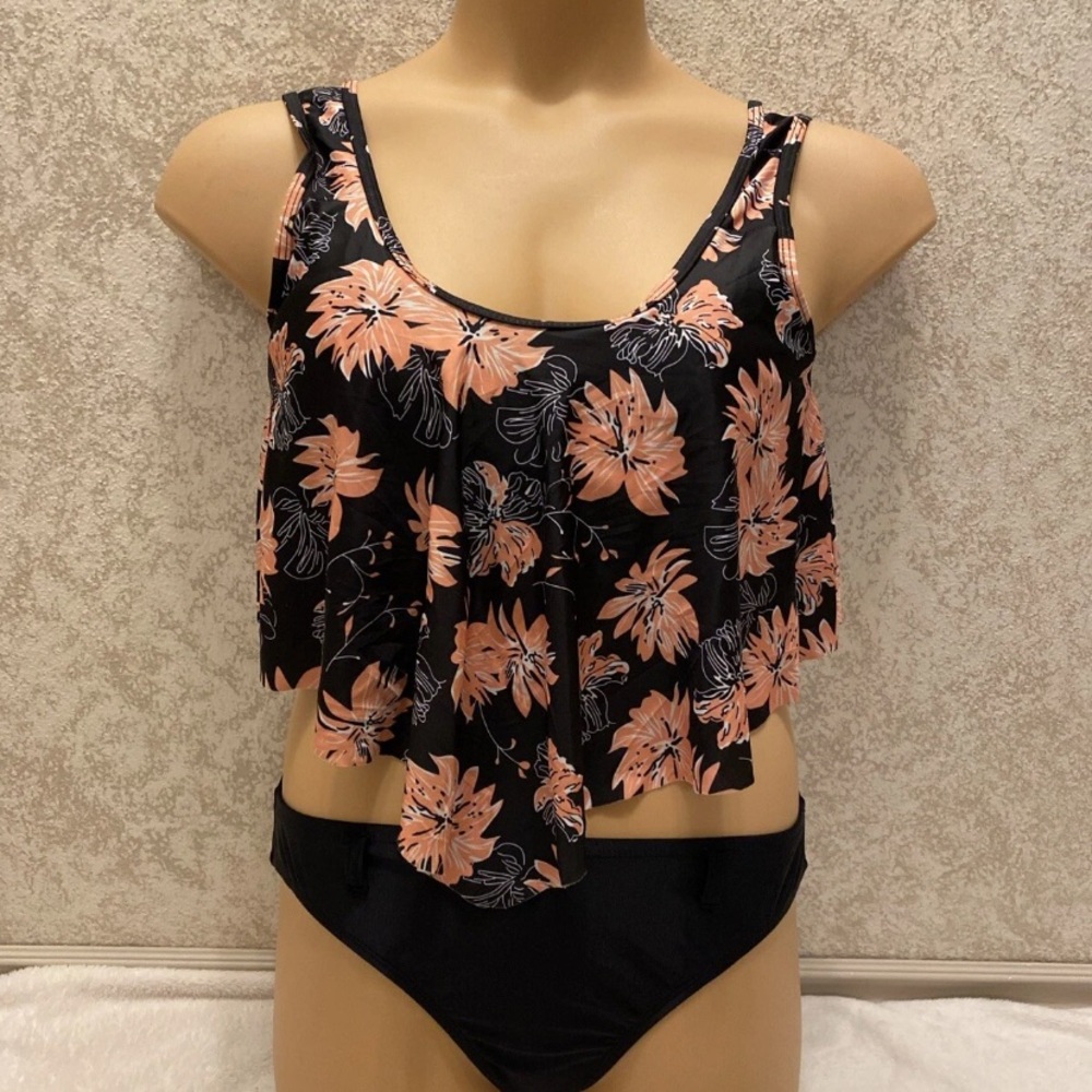 Black and Peach Floral Ruffle Bikini